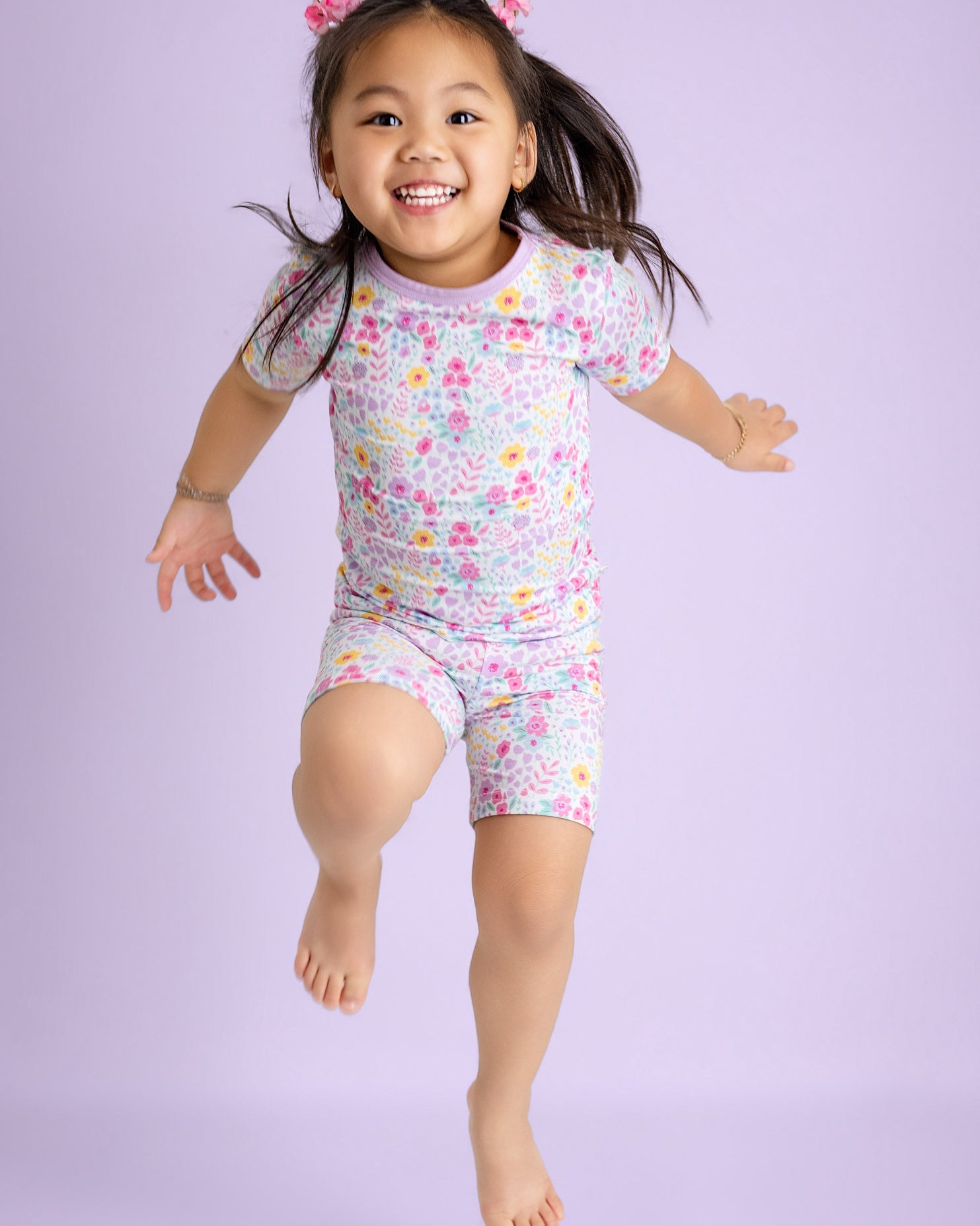 Lavender Bloom Two-Piece Short Sleeve & Shorts Set