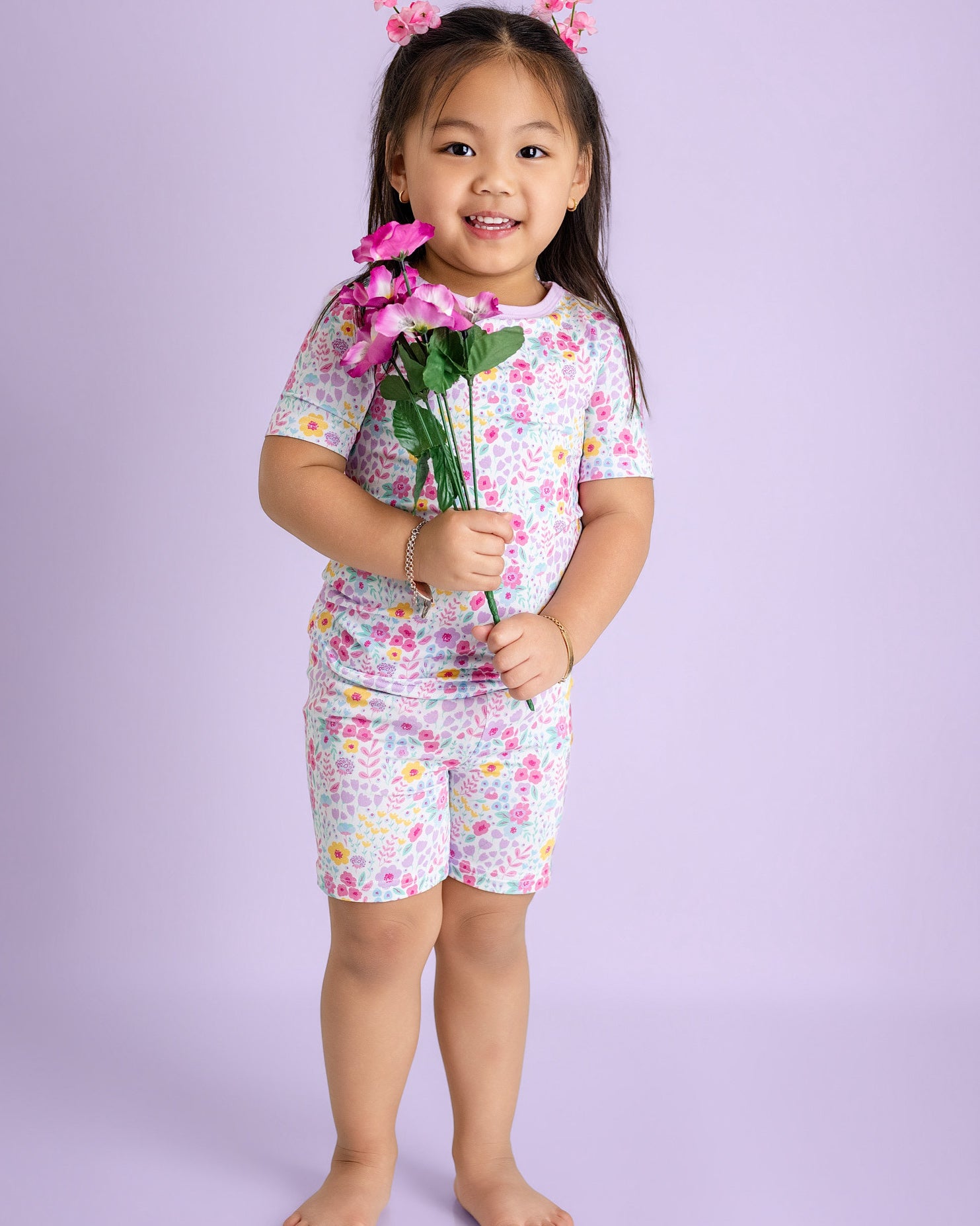 Lavender Bloom Two-Piece Short Sleeve & Shorts Set