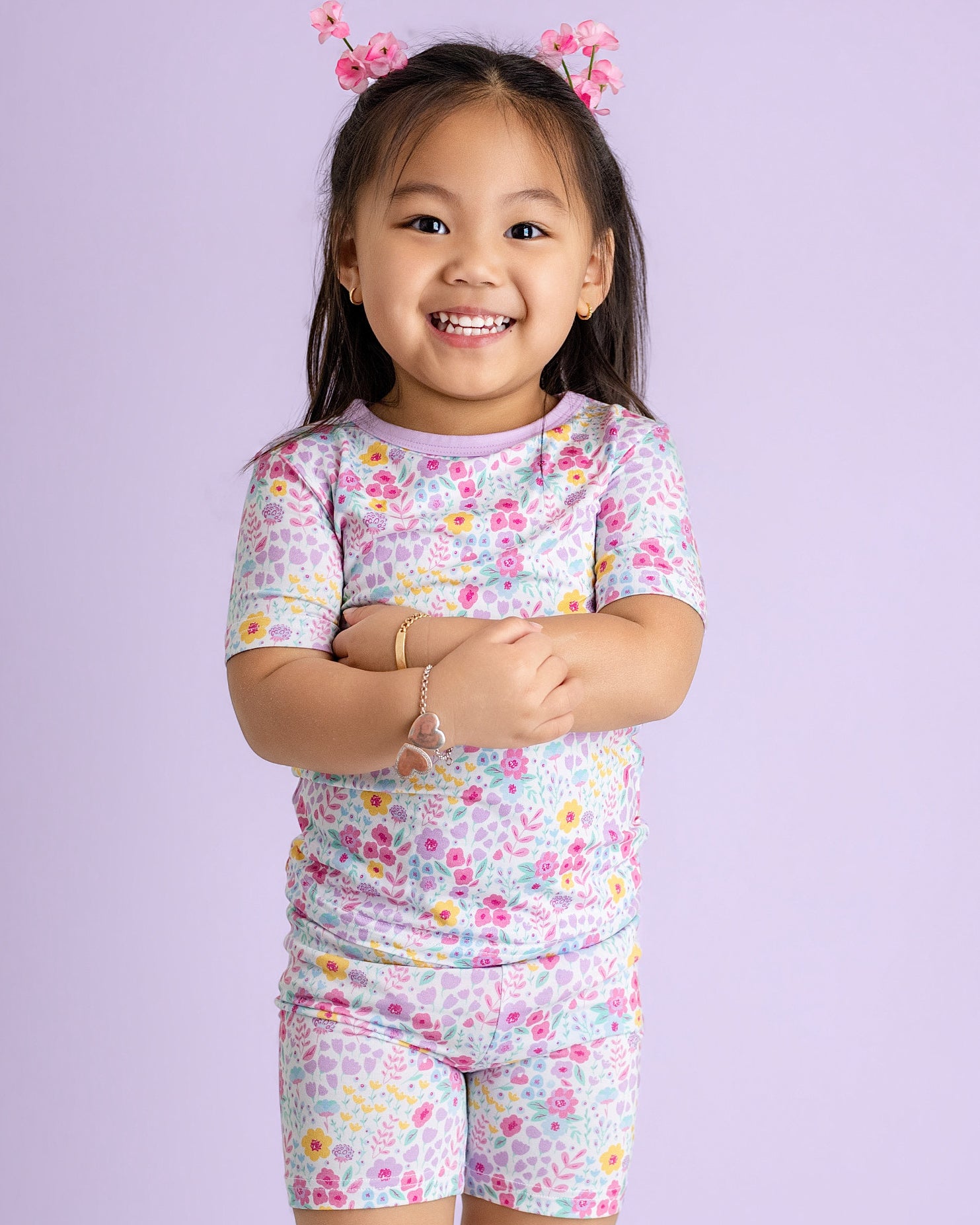 Lavender Bloom Two-Piece Short Sleeve & Shorts Set