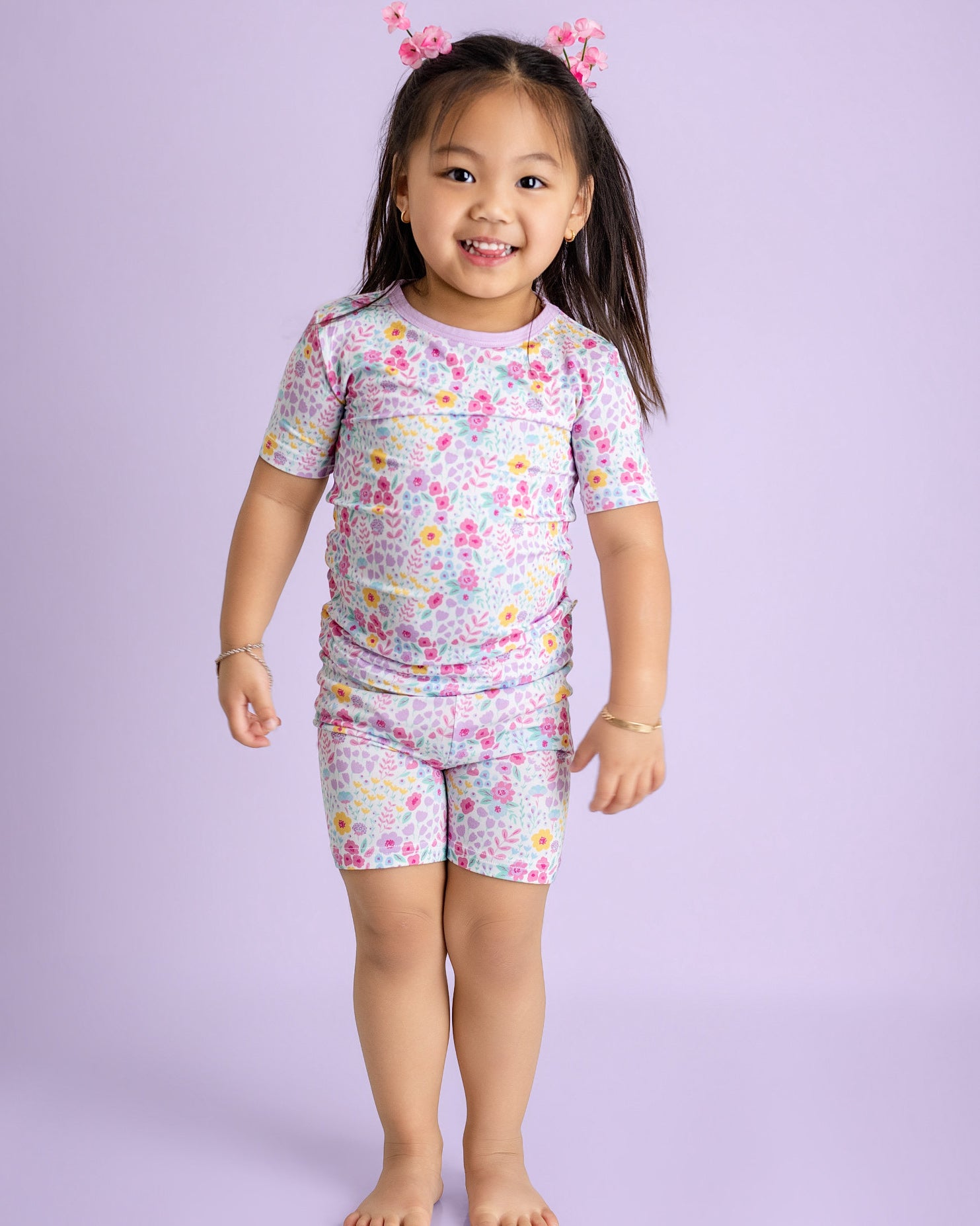 Lavender Bloom Two-Piece Short Sleeve & Shorts Set