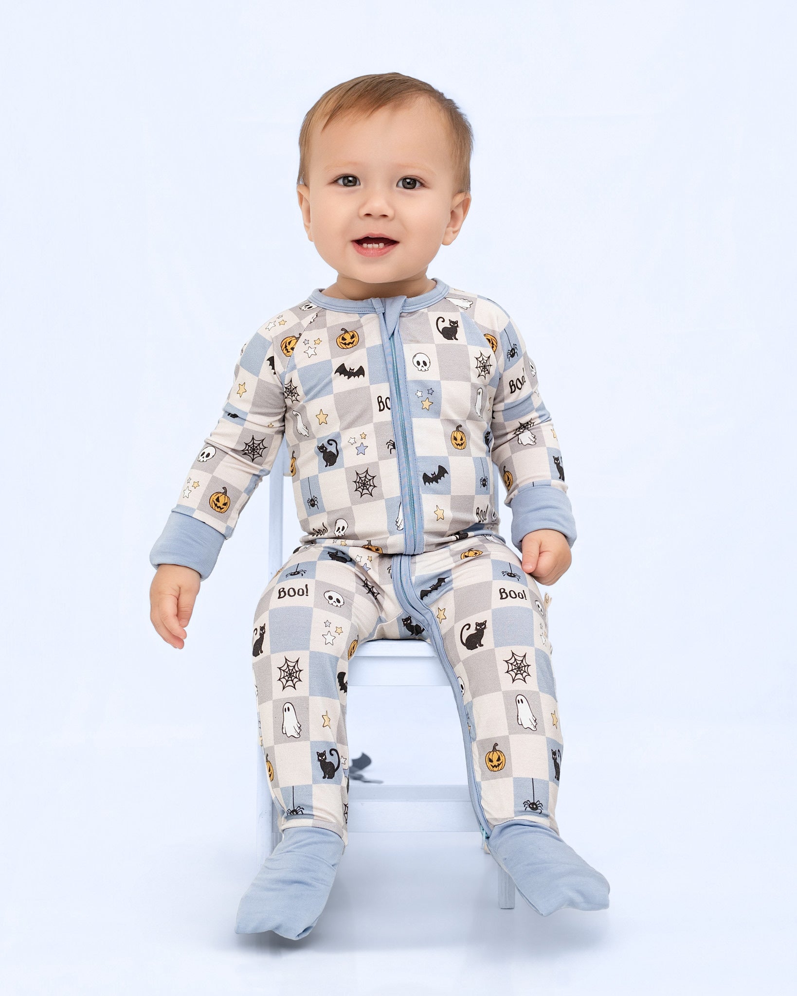 Spooky Checkers Blue Zip Romper-PRE ORDER SHIPS 9/10