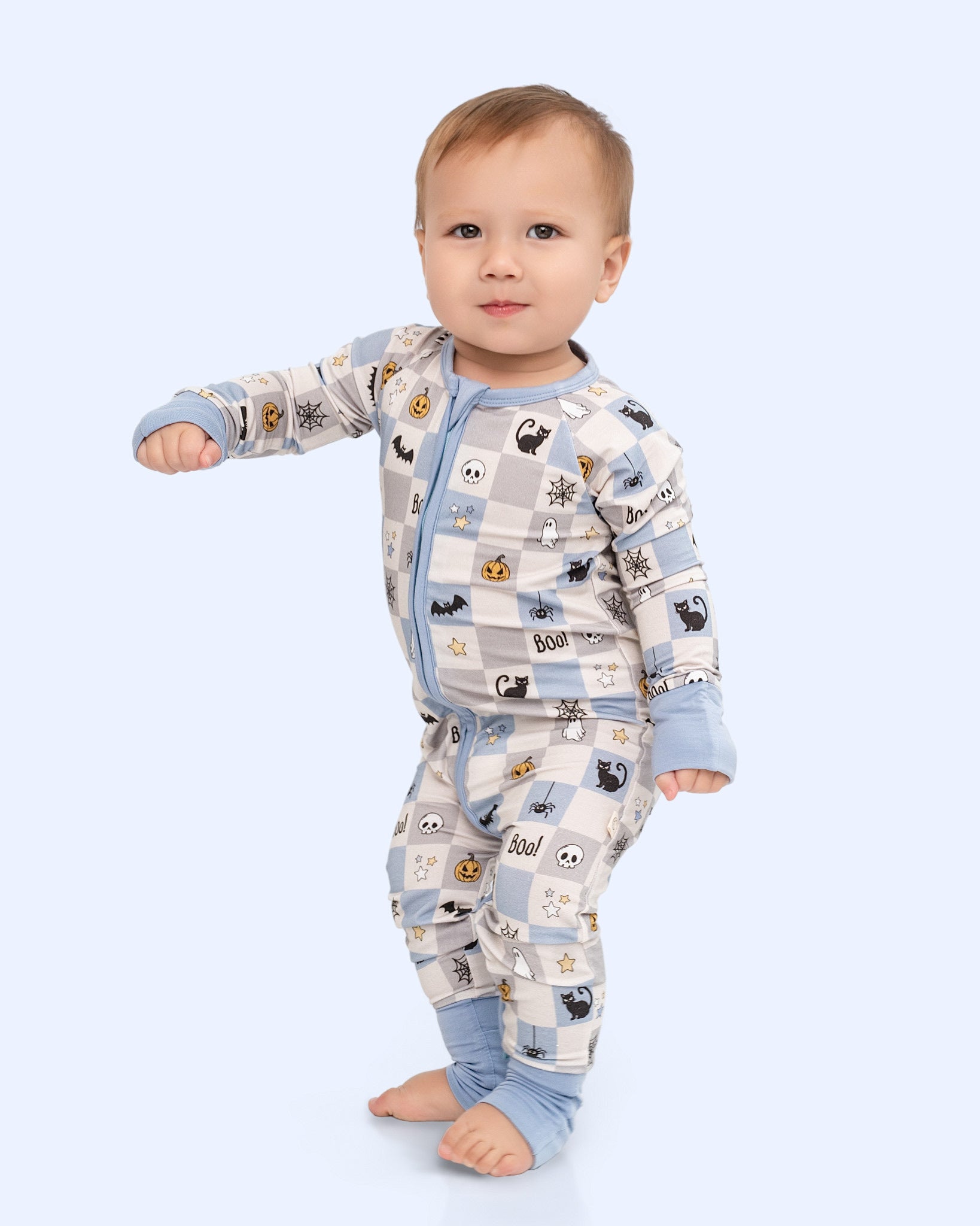 Spooky Checkers Blue Zip Romper-PRE ORDER SHIPS 9/10