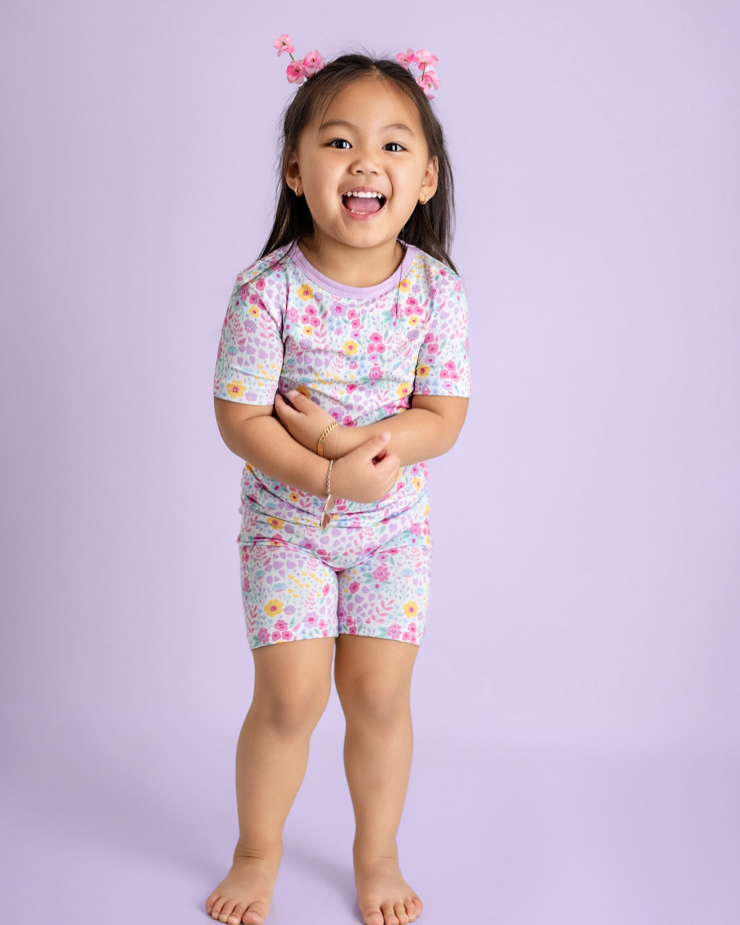 Lavender Bloom Two-Piece Short Sleeve & Shorts Set