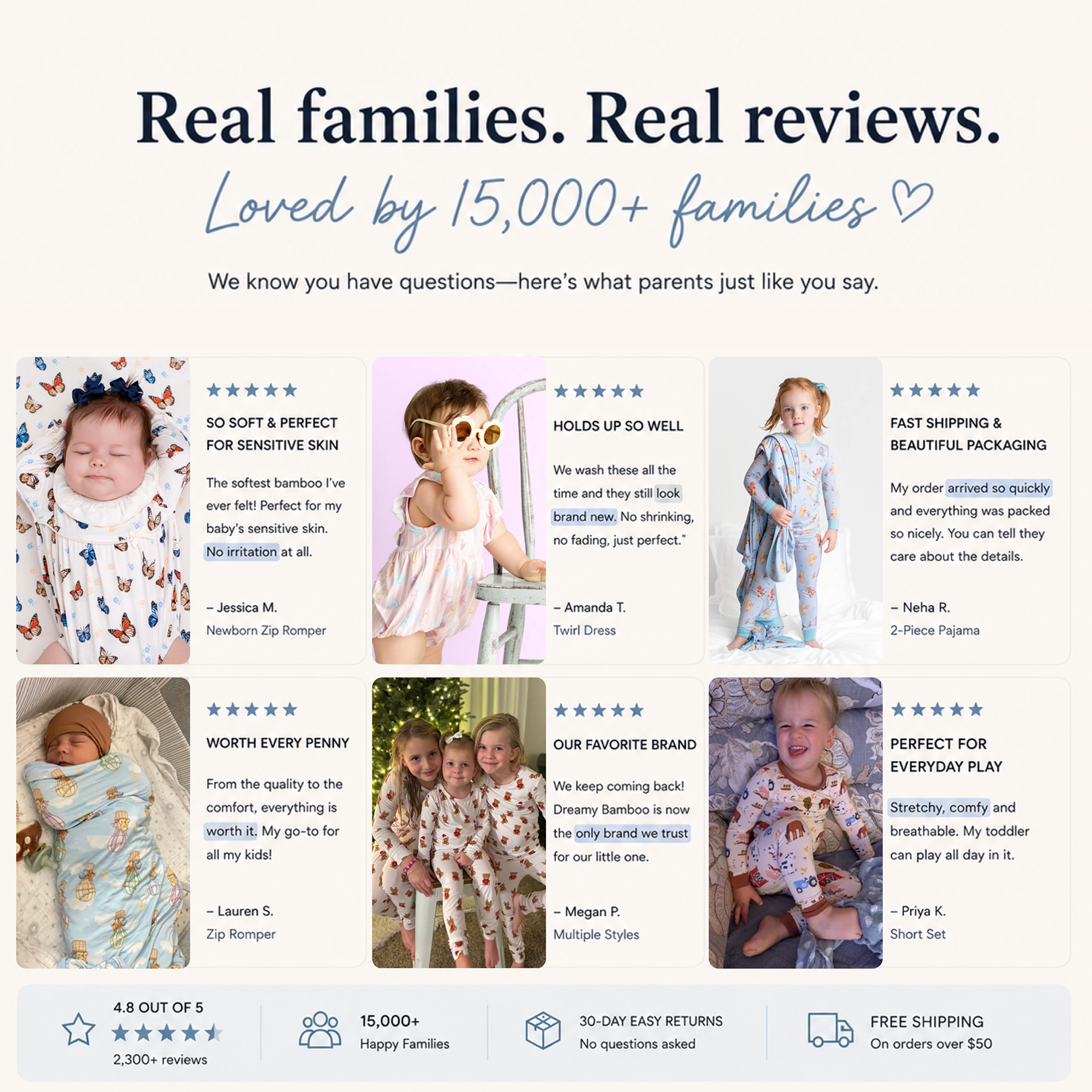 Real families, real reviews: Dreamy Bamboo is loved by 15,000+ families and rated 4.8 out of 5 from 2,300+ reviews, with 30-day easy returns and free shipping over $50.