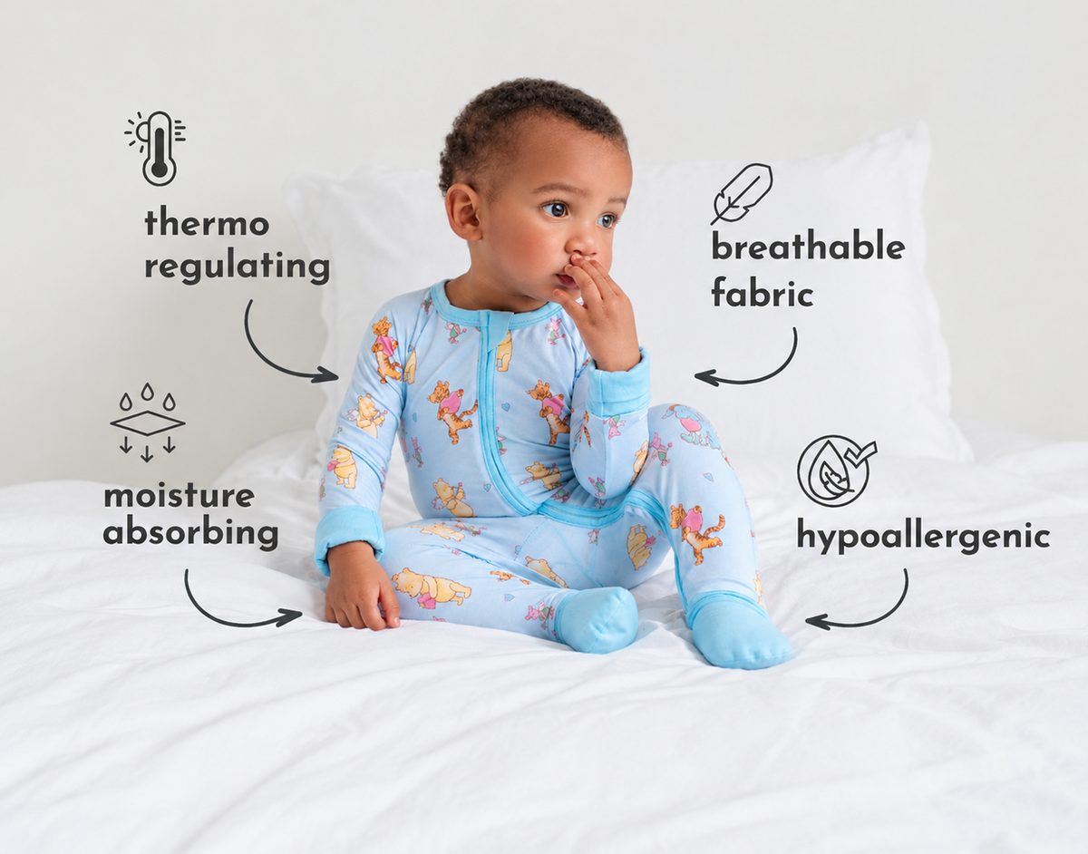Baby wearing a bamboo zip romper - thermo regulating, breathable, moisture absorbing and hypoallergenic